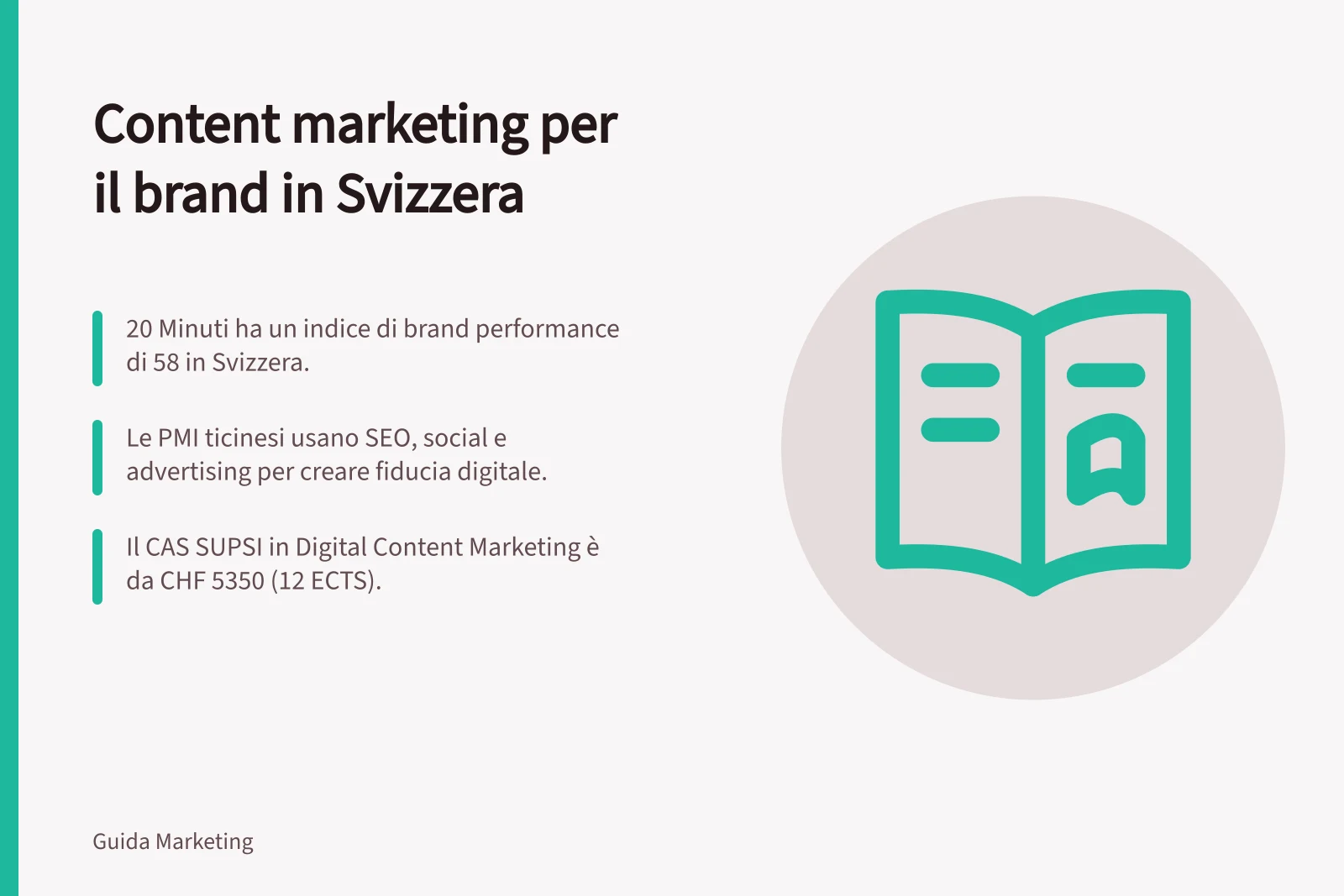 Content marketing per il brand in Svizzera: 20 Minuti ha un indice di brand performance di 58 in Svizzera.; Le PMI ticinesi usano SEO, social e advertising per creare fiducia digitale.; Il CAS SUPSI in Digital Content Marketing è da CHF 5350 (12 ECTS).