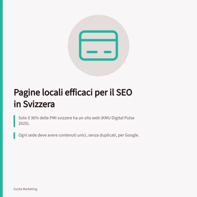 Pagine locali efficaci per il SEO in Svizzera: Solo il 36% delle PMI svizzere ha un sito web (KMU Digital Pulse 2025).; Ogni sede deve avere contenuti unici, senza duplicati, per Google.; Il Profilo Google e il sito devono concordare su indirizzo, orari e servizi. Contenuti per il SEO locale in Svizzera: pagine utili per ogni sede