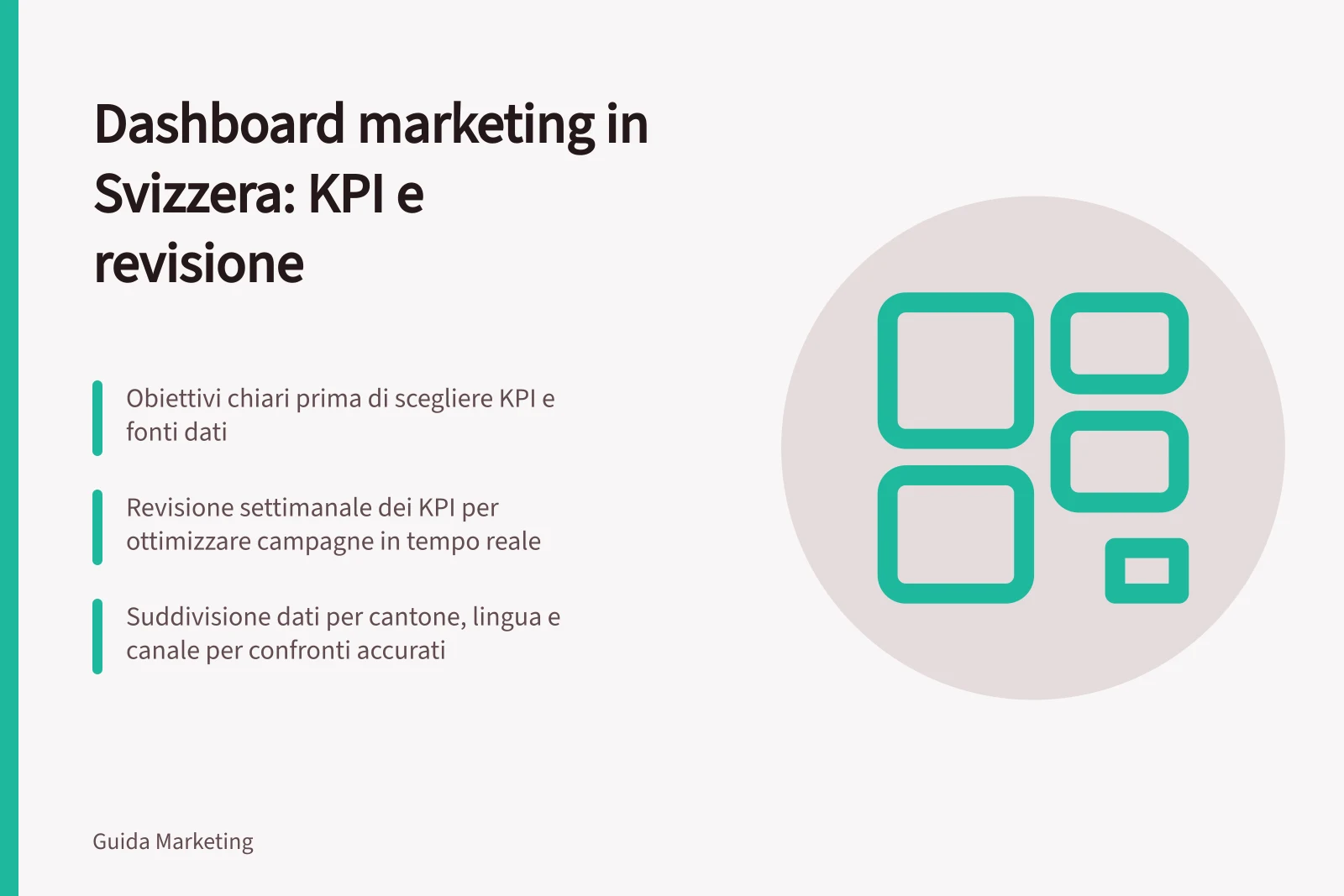 Dashboard marketing in Svizzera: KPI e revisione: Obiettivi chiari prima di scegliere KPI e fonti dati; Revisione settimanale dei KPI per ottimizzare campagne in tempo reale; Suddivisione dati per cantone, lingua e canale per confronti accurati