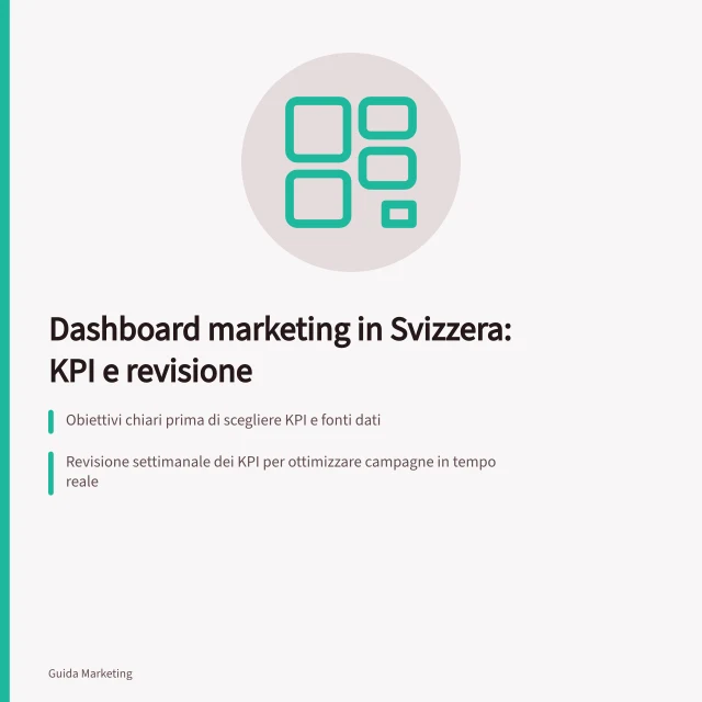 Dashboard marketing in Svizzera: KPI e revisione: Obiettivi chiari prima di scegliere KPI e fonti dati; Revisione settimanale dei KPI per ottimizzare campagne in tempo reale; Suddivisione dati per cantone, lingua e canale per confronti accurati. Dashboard e report di marketing in Svizzera: KPI e cadenza di revisione
