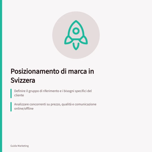 Posizionamento di marca in Svizzera: Definire il gruppo di riferimento e i bisogni specifici del cliente; Analizzare concorrenti su prezzo, qualità e comunicazione online/offline; Sostenere la differenza con fatti concreti come sensori per la catena del freddo. Posizionamento di marca nel mercato svizzero: come definirlo