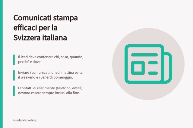 Comunicati stampa efficaci per la Svizzera italiana: Il lead deve contenere chi, cosa, quando, perché e dove.; Inviare i comunicati lunedì mattina evita il weekend e i venerdì pomeriggio.; I contatti di riferimento (telefono, email) devono essere sempre inclusi alla fine. Communiqués de presse pour les médias de la Suisse italienne : comment les rédiger