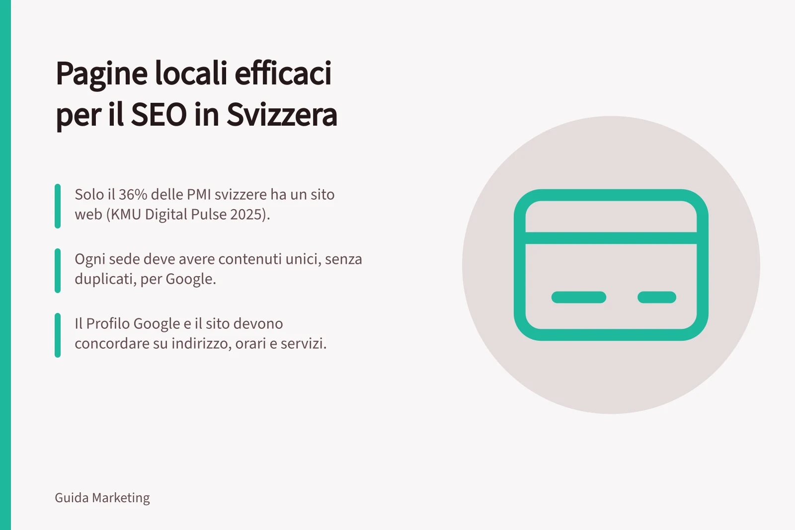 Pagine locali efficaci per il SEO in Svizzera: Solo il 36% delle PMI svizzere ha un sito web (KMU Digital Pulse 2025).; Ogni sede deve avere contenuti unici, senza duplicati, per Google.; Il Profilo Google e il sito devono concordare su indirizzo, orari e servizi.